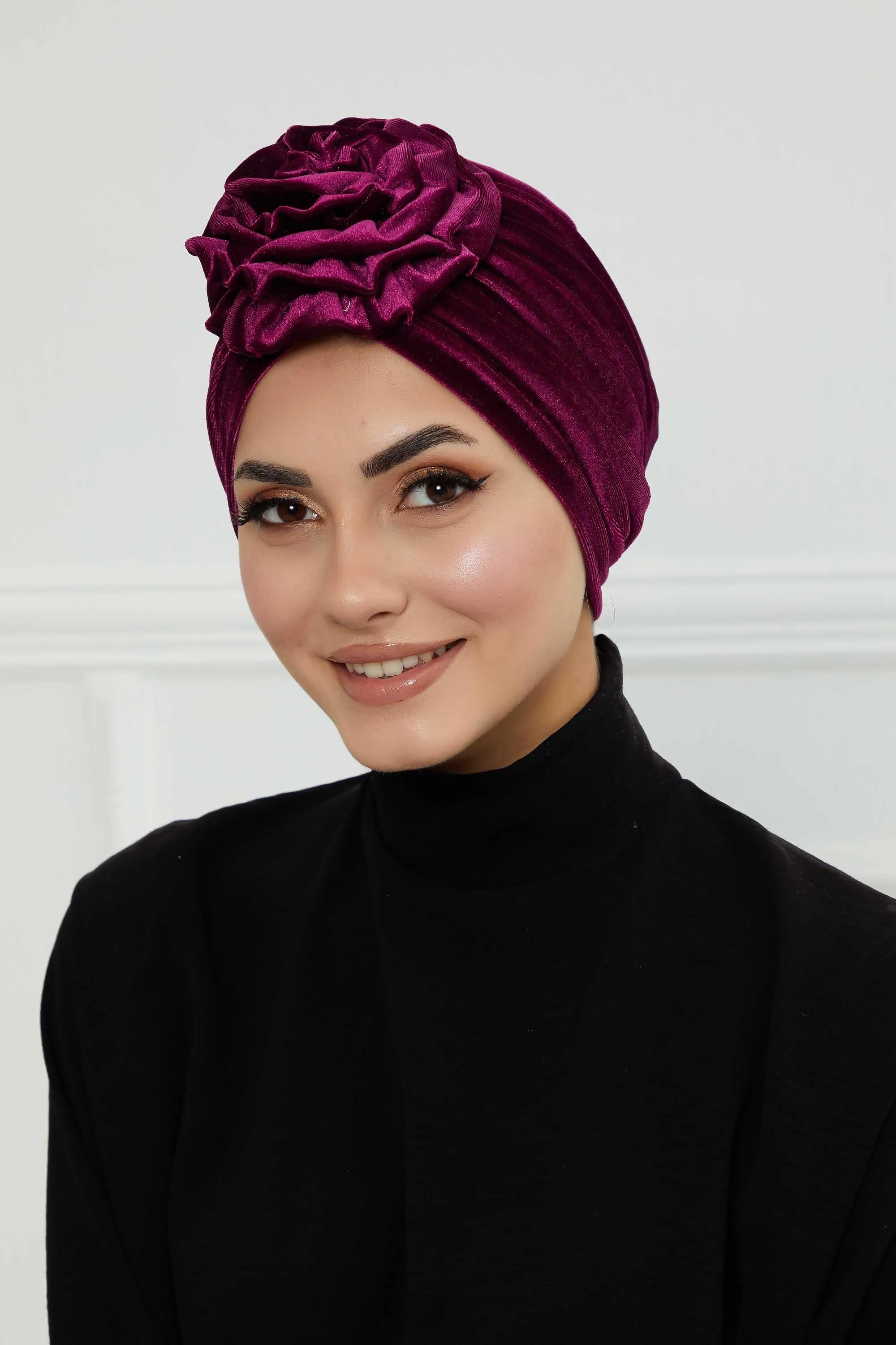 Velvet Instant Turban with a Gorgeous Rose Accent, Handmade Soft Touch Hijab Turban For Women, Stylish Chemo Headwear Bonnet Cap,B-21KD