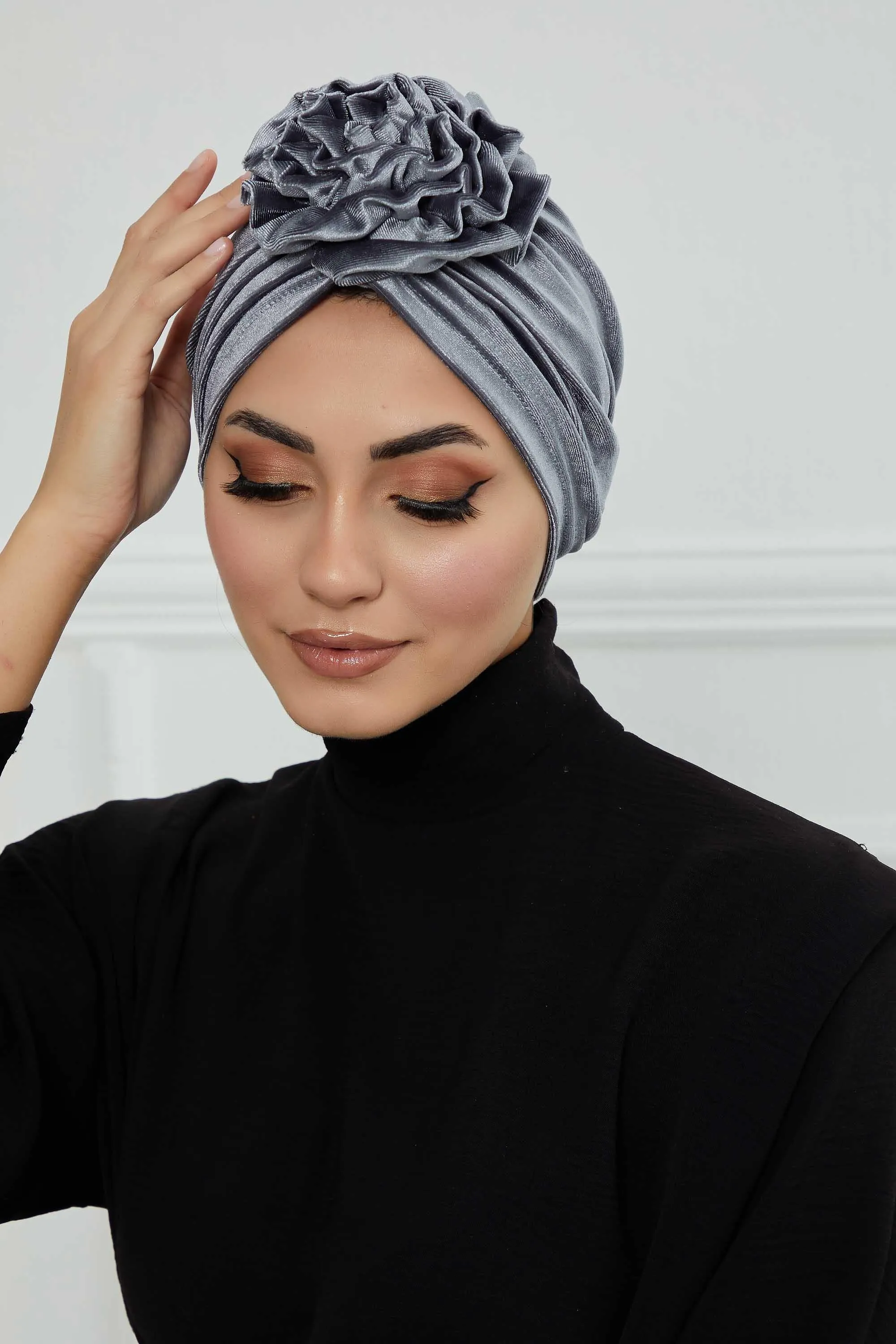 Velvet Instant Turban with a Gorgeous Rose Accent, Handmade Soft Touch Hijab Turban For Women, Stylish Chemo Headwear Bonnet Cap,B-21KD