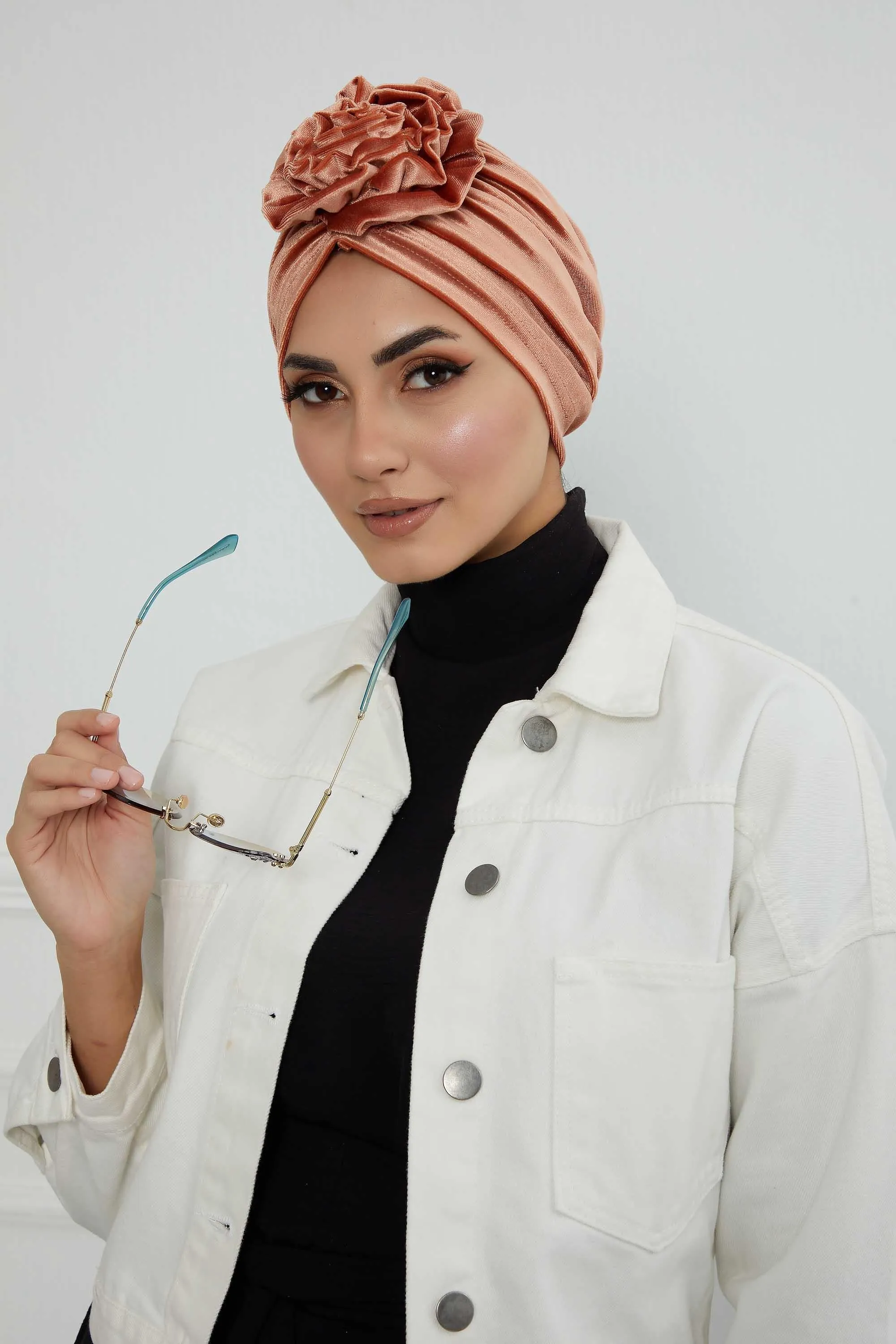 Velvet Instant Turban with a Gorgeous Rose Accent, Handmade Soft Touch Hijab Turban For Women, Stylish Chemo Headwear Bonnet Cap,B-21KD