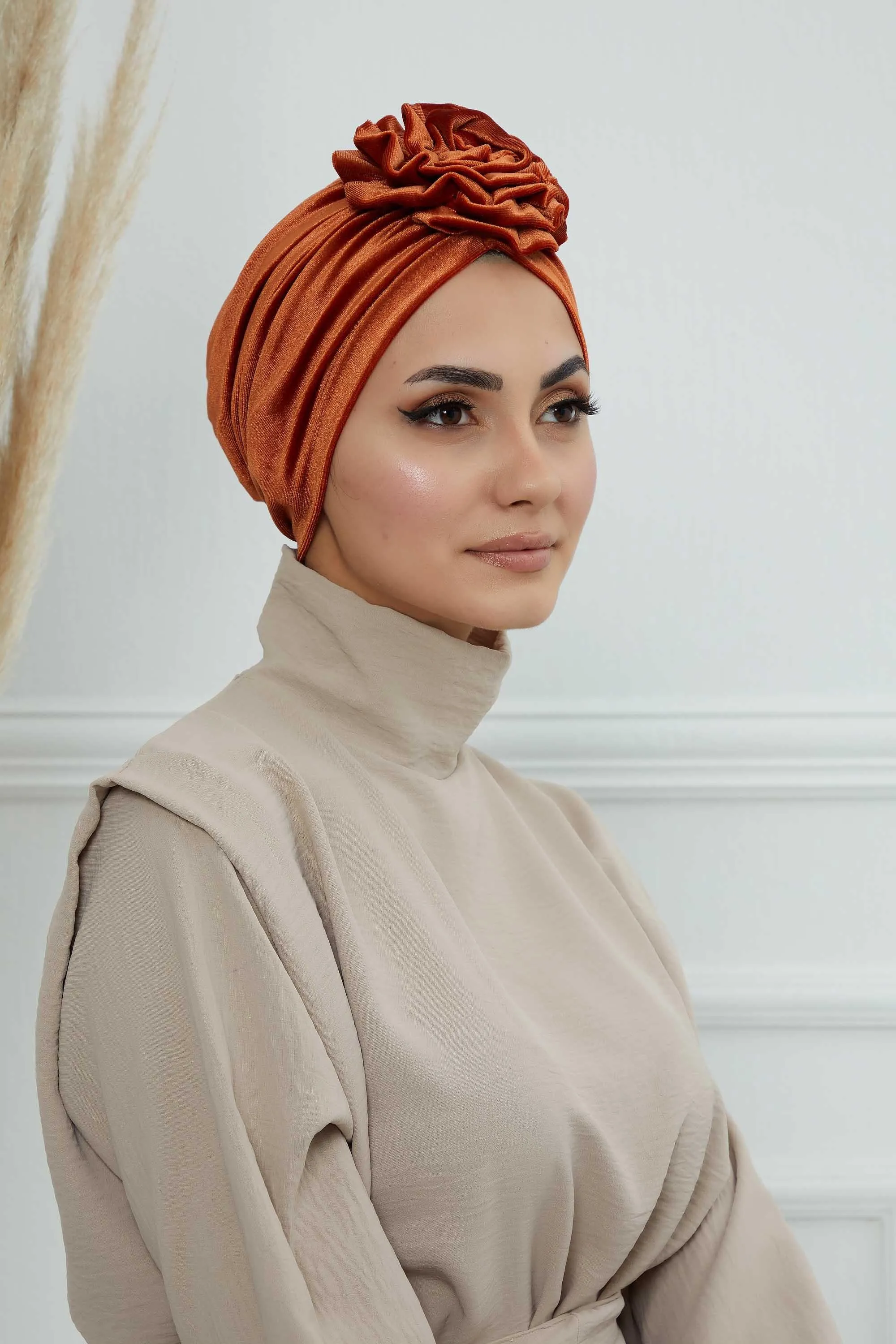 Velvet Instant Turban with a Gorgeous Rose Accent, Handmade Soft Touch Hijab Turban For Women, Stylish Chemo Headwear Bonnet Cap,B-21KD