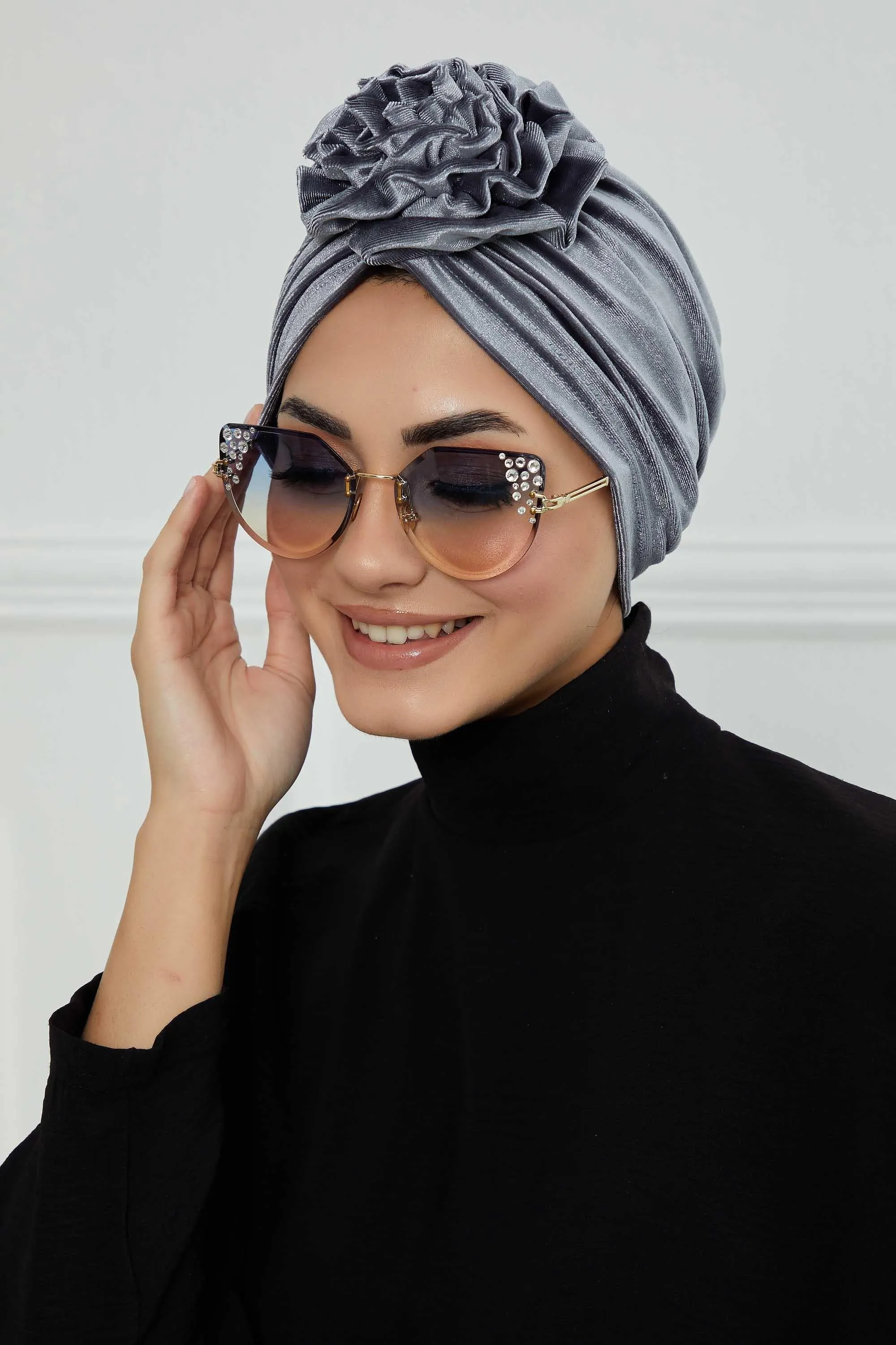Velvet Instant Turban with a Gorgeous Rose Accent, Handmade Soft Touch Hijab Turban For Women, Stylish Chemo Headwear Bonnet Cap,B-21KD