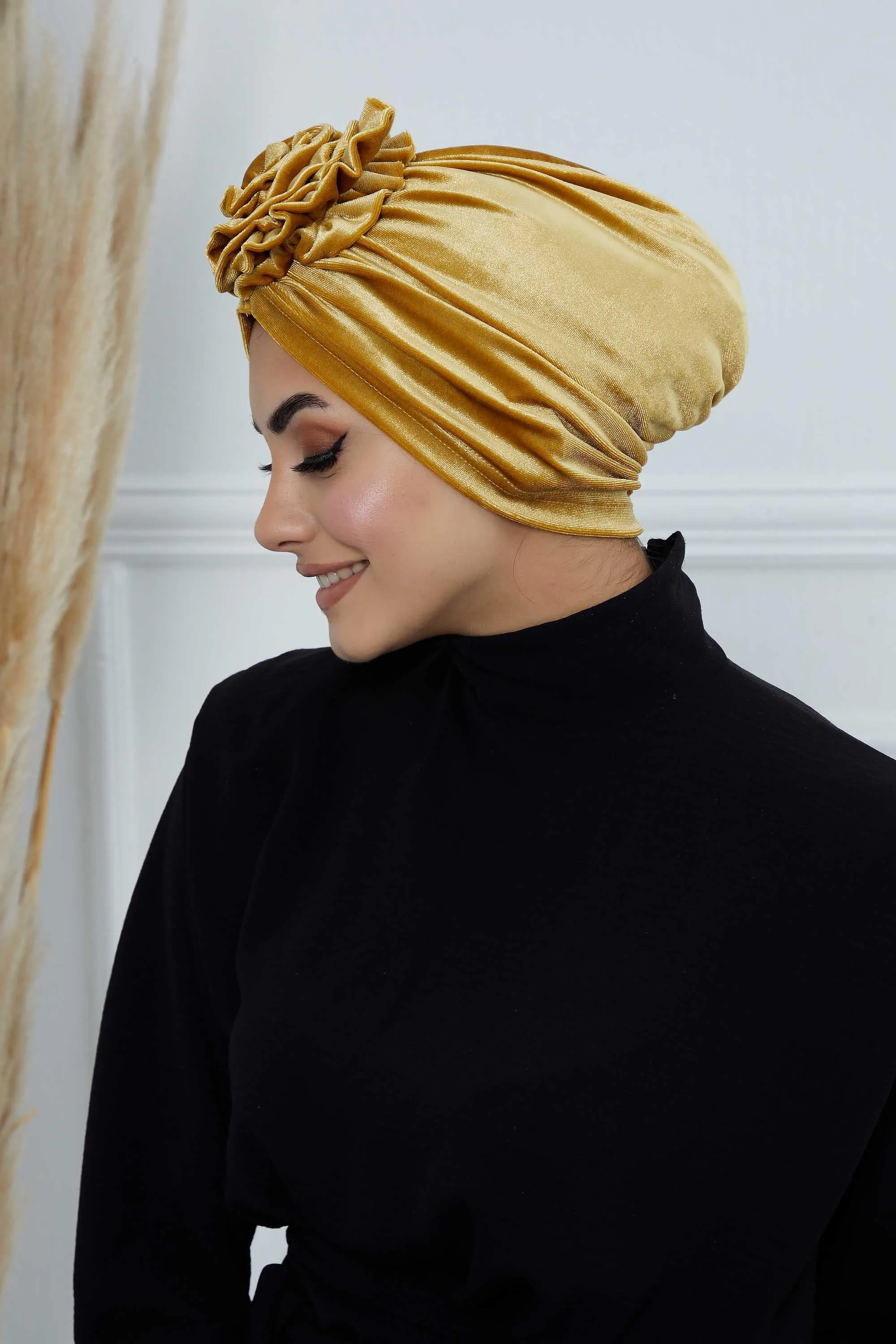 Velvet Instant Turban with a Gorgeous Rose Accent, Handmade Soft Touch Hijab Turban For Women, Stylish Chemo Headwear Bonnet Cap,B-21KD