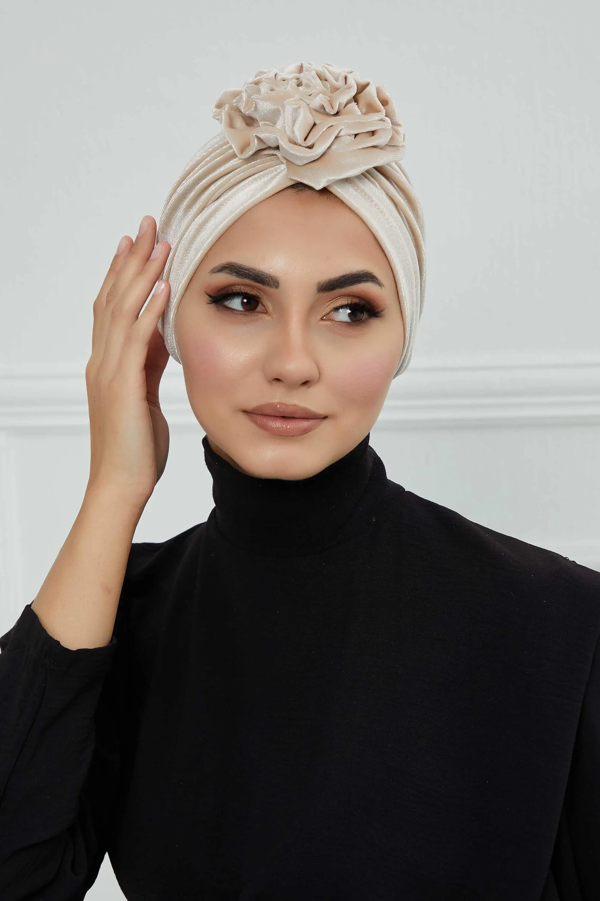 Velvet Instant Turban with a Gorgeous Rose Accent, Handmade Soft Touch Hijab Turban For Women, Stylish Chemo Headwear Bonnet Cap,B-21KD