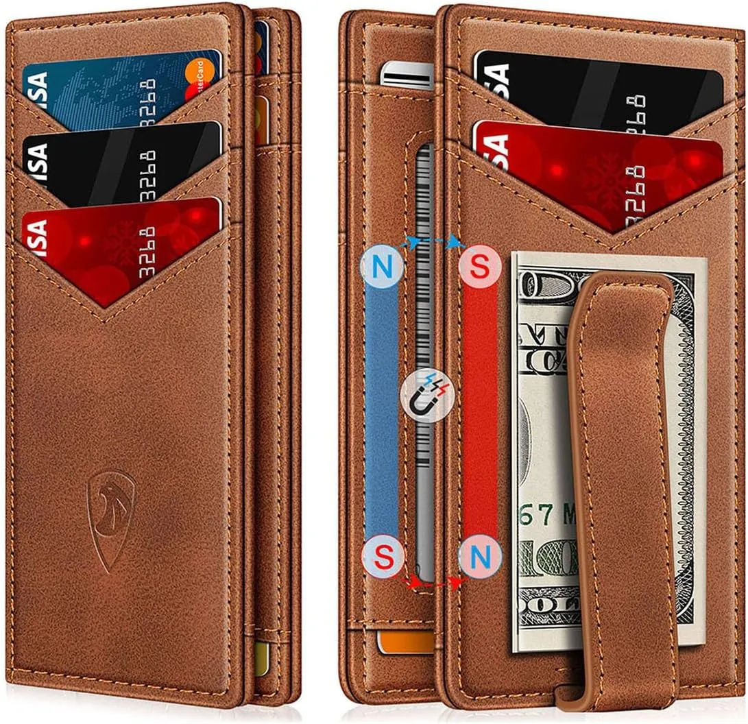 Wallet for Men Slim Leather Wallets for 12-15 Cards, Minimalist Thin RFID Blocking Card Holder with Money Clip & ID Window, Small Bifold Front Pocket Wallet, Gifts for Men