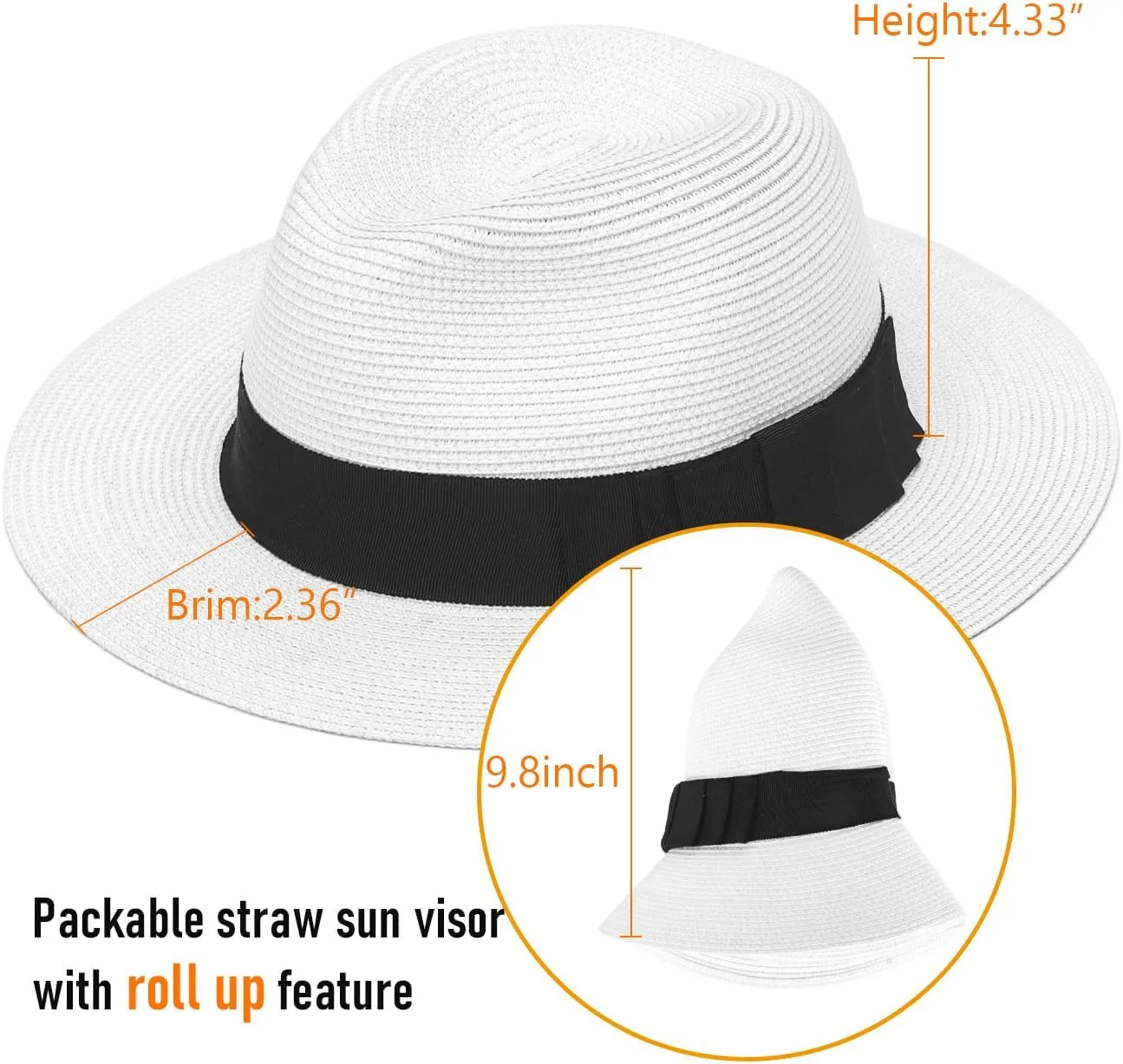 Women Straw Panama Beach Hat Packable Foldable Summer Fedora Wide Brim Sun Hats