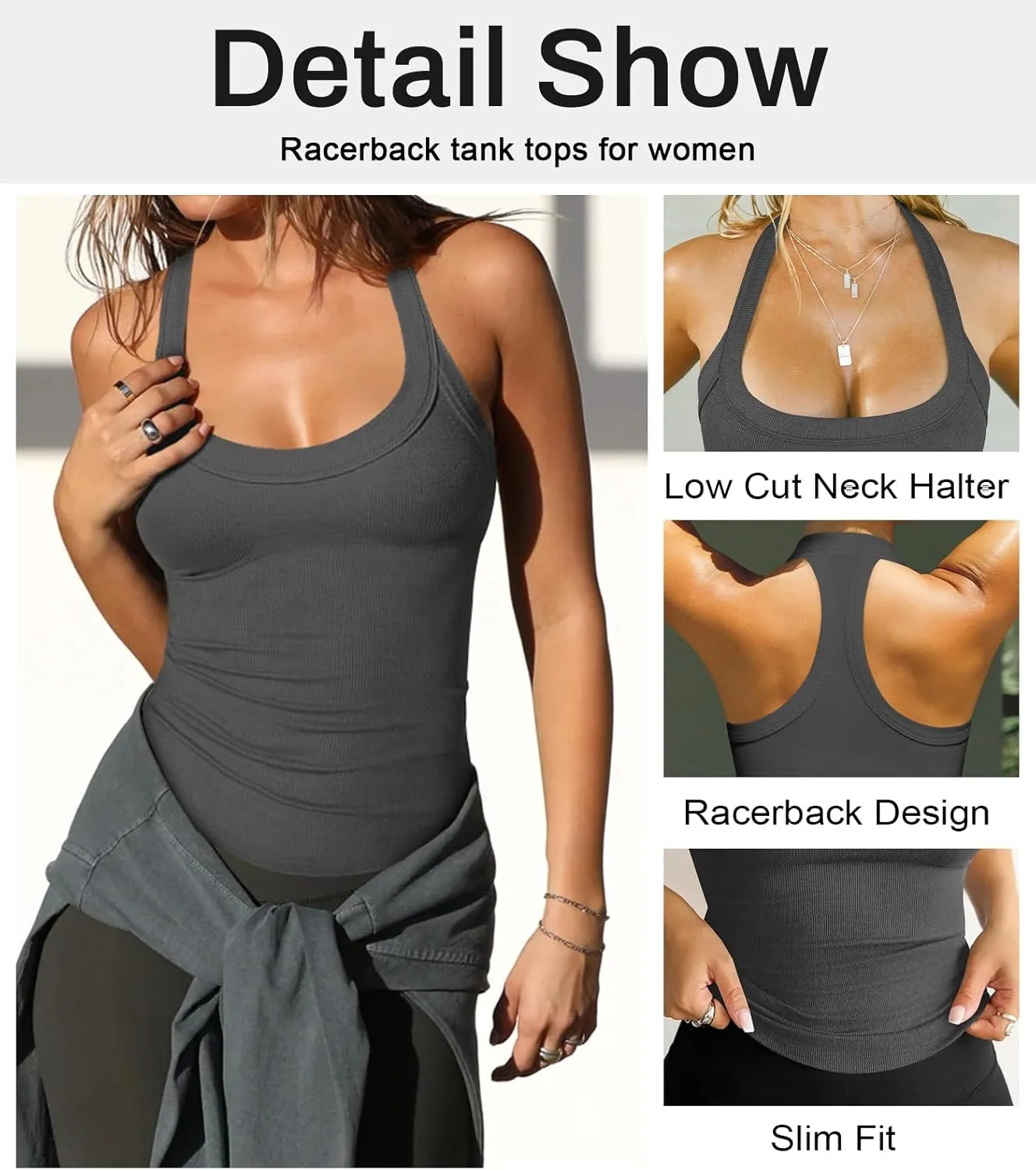 Womens Halter Top Deep Scoop Neck Low Cut Racerback Tank Top for Women Workout Ribbed Knit Fitted Sleeveless Cami Shirt