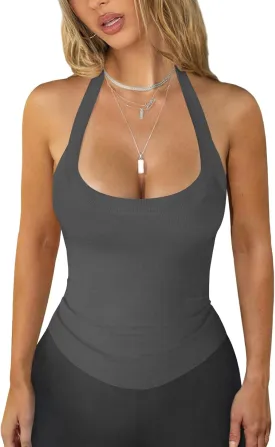 Womens Halter Top Deep Scoop Neck Low Cut Racerback Tank Top for Women Workout Ribbed Knit Fitted Sleeveless Cami Shirt