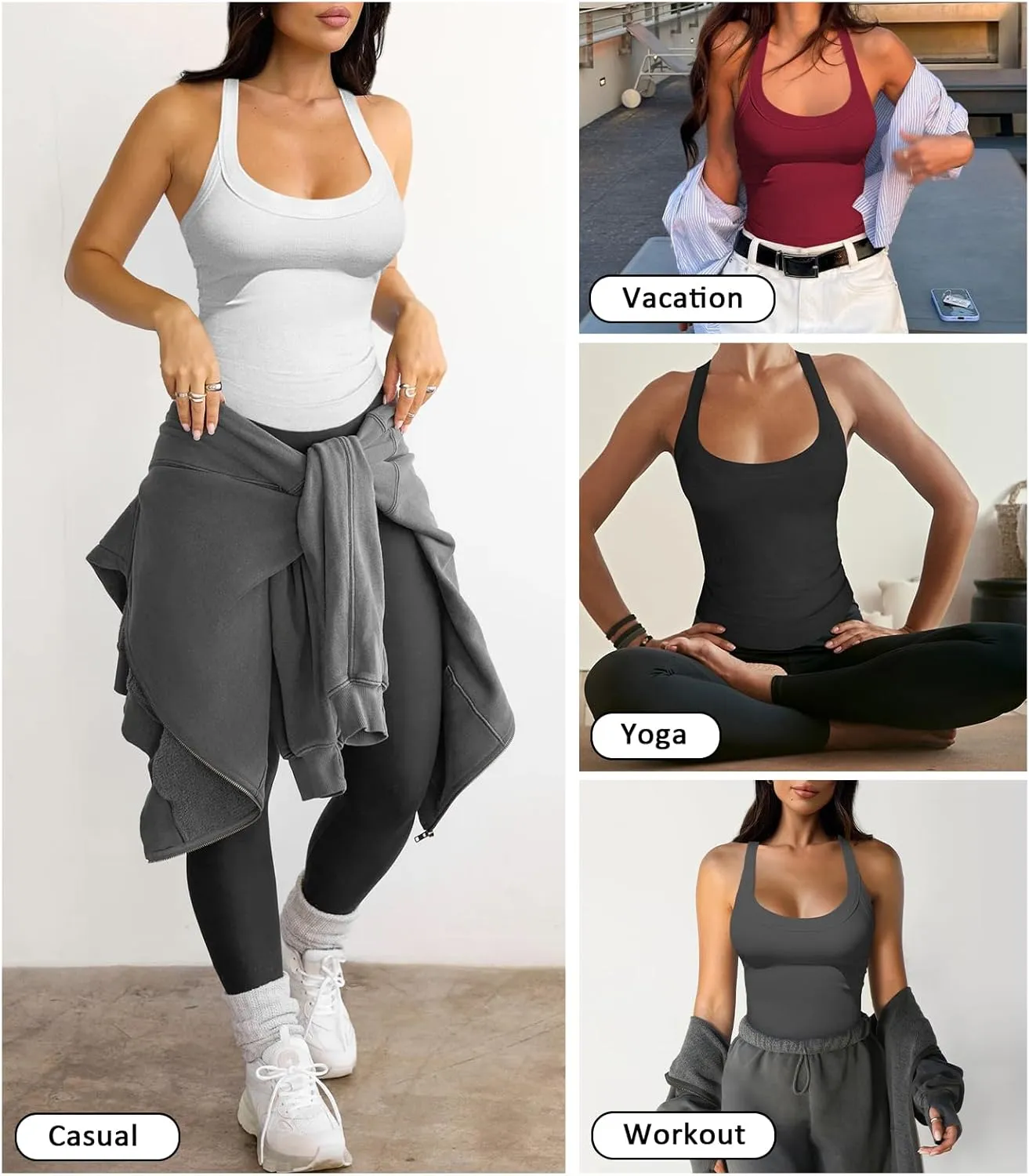 Womens Halter Top Deep Scoop Neck Low Cut Racerback Tank Top for Women Workout Ribbed Knit Fitted Sleeveless Cami Shirt