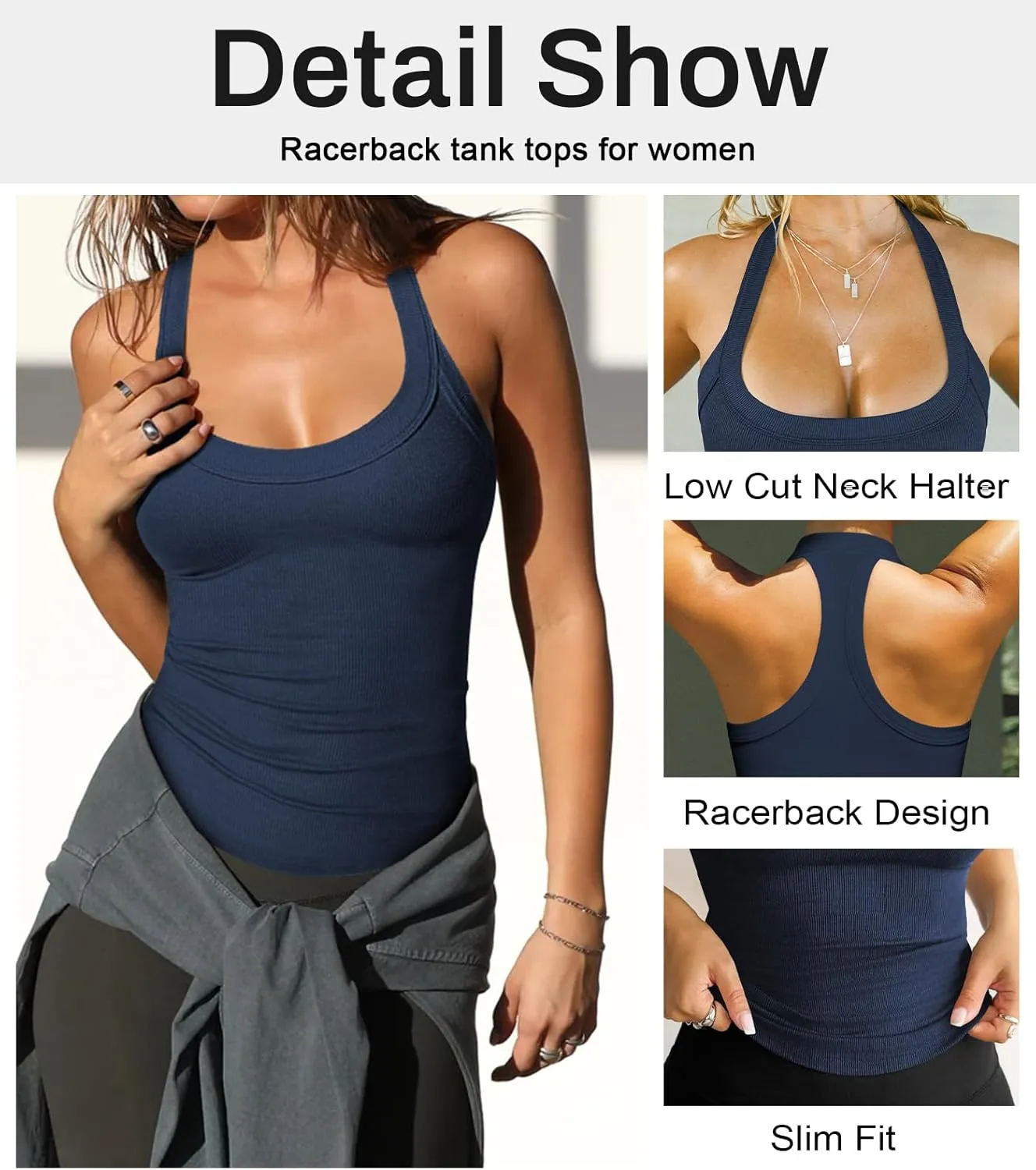 Womens Halter Top Deep Scoop Neck Low Cut Racerback Tank Top for Women Workout Ribbed Knit Fitted Sleeveless Cami Shirt
