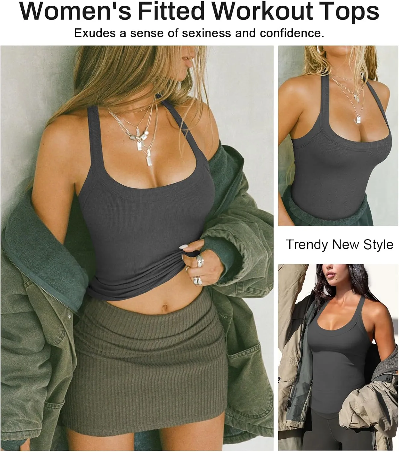 Womens Halter Top Deep Scoop Neck Low Cut Racerback Tank Top for Women Workout Ribbed Knit Fitted Sleeveless Cami Shirt