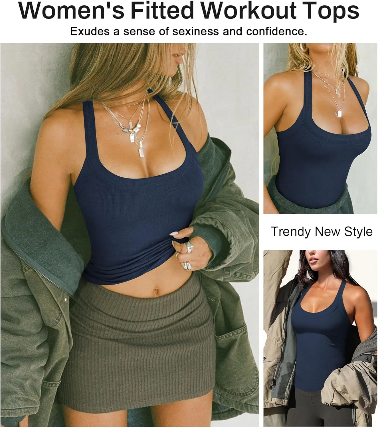 Womens Halter Top Deep Scoop Neck Low Cut Racerback Tank Top for Women Workout Ribbed Knit Fitted Sleeveless Cami Shirt