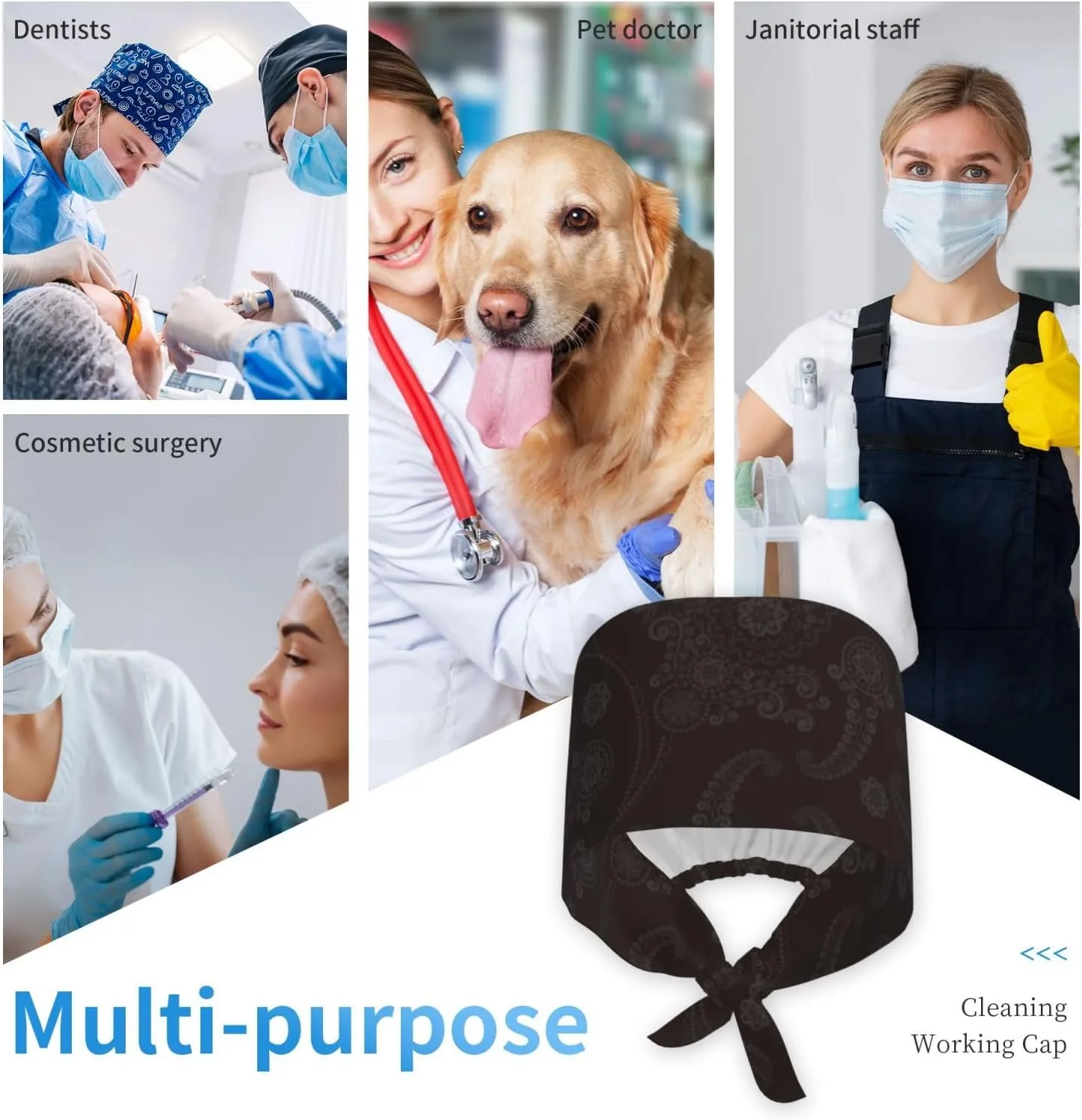 Working Cap Scrub Cap with Sweatband Adjustable Unisex Women Tie Back Hat Nurse Surgical Caps